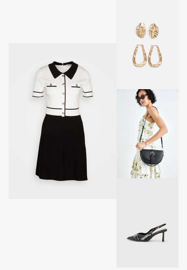 Vestido de mangas curtas em malha preta e branca, com um decote com gola, botões em tom dourado e riscas em contraste no corpete.; Sapato slingback preto em pele patentada com bico apontado, tiras no tornozelo apresentando fivelas e acessórios prateados, e um salto elegante.; Bolsa de couro preta com forma curva, alça destacável e detalhes em dourado. A bolsa possui uma aba com detalhe de fivela.; Brincos em tom de ouro com formas onduladas e texturizadas. Inclui studs escultóricos com presilha e um design de argola aberta com um acabamento martelado.
