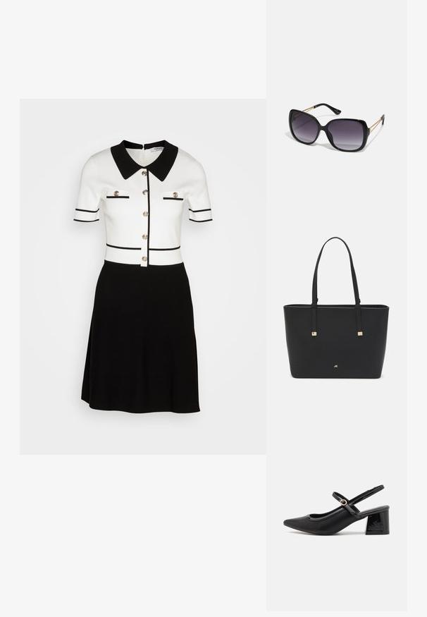 Lyhythihainen mekko mustavalkoisesta neuloksesta, jossa on kauluksellinen pääntie, kultasävyisiä nappeja ja kontrastiväriset raidat vartalolla.; Musta lakattu nahka slingback-korkokengät, joissa on terävä kärki, pyöreä aukko-muotoilu ja lohkokorko. Varustettu kultasävyisellä solkiyksityiskohdalla.; Mustat ylisuurten kehysten aurinkolasit, joissa on liukuväri-linssit, paksut kehykset ja kultasävyiset ketjustuskoristeet temppeleissä.; Mustat olkalaukku, joka on valmistettu synteettisestä materiaalista, yksinkertainen suorakulmainen muotoilu, kultaiset nelikulmaiset yksityiskohdat ja kaksoiskahvat.