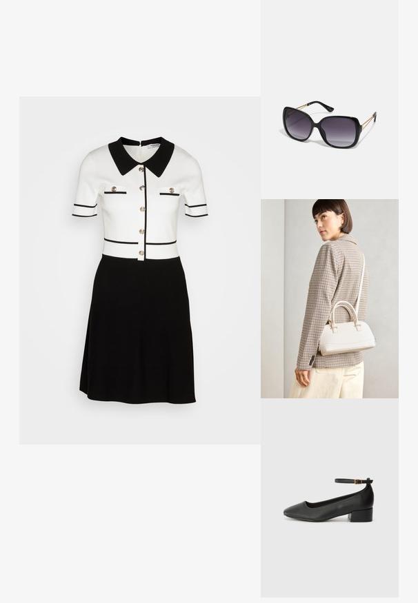 Fekete-fehér kötött rövidujjú ruha, galléros nyakkal, aranyszínű gombokkal és kontrasztos csíkokkal a test részen.; Fekete bőr magassarkú cipő hegyes orral és alacsony tömb sarkal. Bokapánttal rendelkezik, aranyszínű csattal. Simább textúra.; Fekete, oversize napszemüveg fokozatos árnyalatú lencsékkel, vastag kerettel és arany színű lánc díszítéssel a szárakon.; Fehér, strukturált kézitáska rövid füllel és vállpánttal, arany színű fém kiegészítőkkel és texturált anyagból, szürke háttér előtt bemutatva.