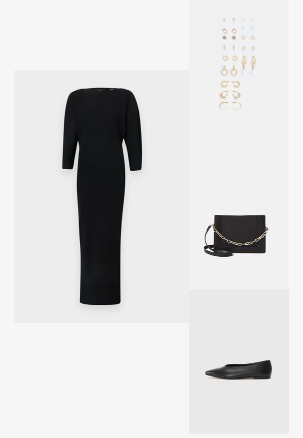 Svart langermet ribbestrikket kjole med tettsittende liv og rett skjørt. Glatt tekstur med rund hals og minimal detaljering.; Sorte lærballerina med spiss tå, minimalistisk design, glatt tekstur, lav hæl uten synlig metall eller dekorasjoner.; Svart lær crossbody-veske med glatt tekstur, rektangulær form og metallkjede detaljer på framsiden. Justerbar stroppe inkludert.; Sett med gullfargede øredobber med ulike design, inkludert stikkere, hoops og hengende deler med perler og rhinestones.
