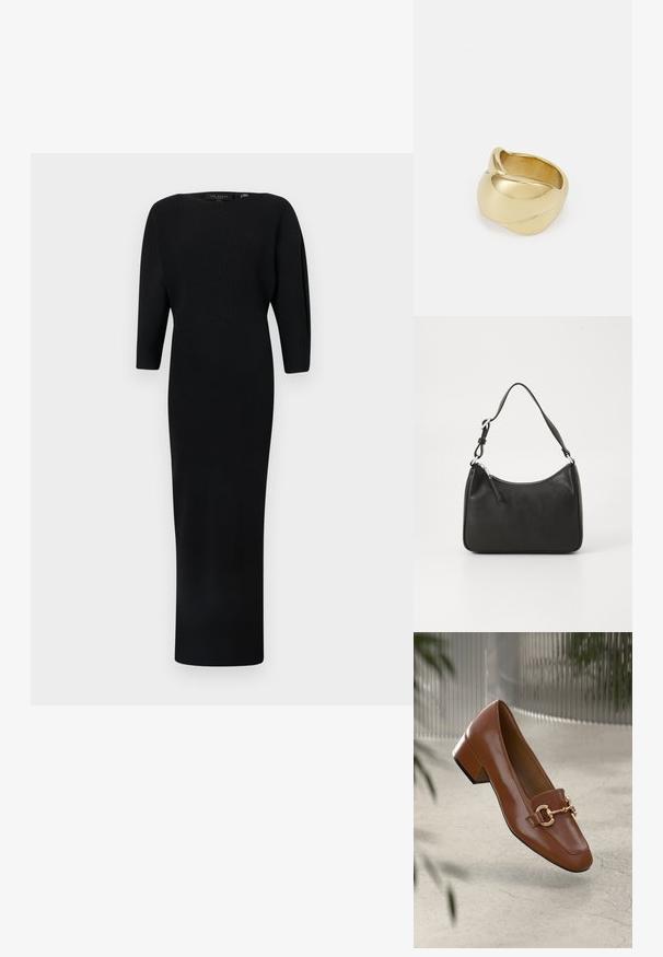 Black long-sleeve ribbed dress with a fitted bodice and a straight skirt. Smooth texture with a round neckline and minimal detailing.; Brown patent leather loafer with square toe, metallic chain accent, and low block heel; smooth texture, minimalist design.; Black leather handbag with a curved shape, a single strap, zip closure, and subtle branding on the front. Smooth texture, minimalist design.; Gold-colored ring with a smooth, twisted design. Features a polished surface and rounded edges, creating a seamless, fluid shape.
