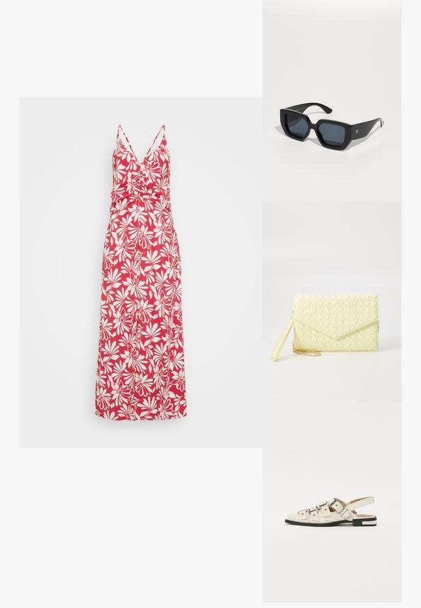 Crvena maksi haljina s cvjetnim uzorkom, V-izrezom, tankim naramenicama i prilagođenim korzetom. Ima bijele uzorke cvijeća i lepršavi dizajn suknje.; Sandalice sa zatvaračem u bijeloj koži s višestrukim širokim trakama i srebrnim kopčama; ravni potplat s malim crnim potpeticama i metalnim akcentima.; Crne prevelike sunčane naočale s geometrijskim dizajnom, pravokutnim lećama i sjajnom završnom obradom. Nema vidljivog brendiranja sprijeda.; Žuta pletena novčanica s preklopnim dizajnom, odvojivim remenom za zapešće i zlatnim lancem kao ukrasom. Glatka tekstura i pravokutni oblik.; Zlatne kružne naušnice s glatkom, sjajnom završnom obradom. Kružni dizajn s malom potporom i prozirnom podlogom za sigurno nošenje.