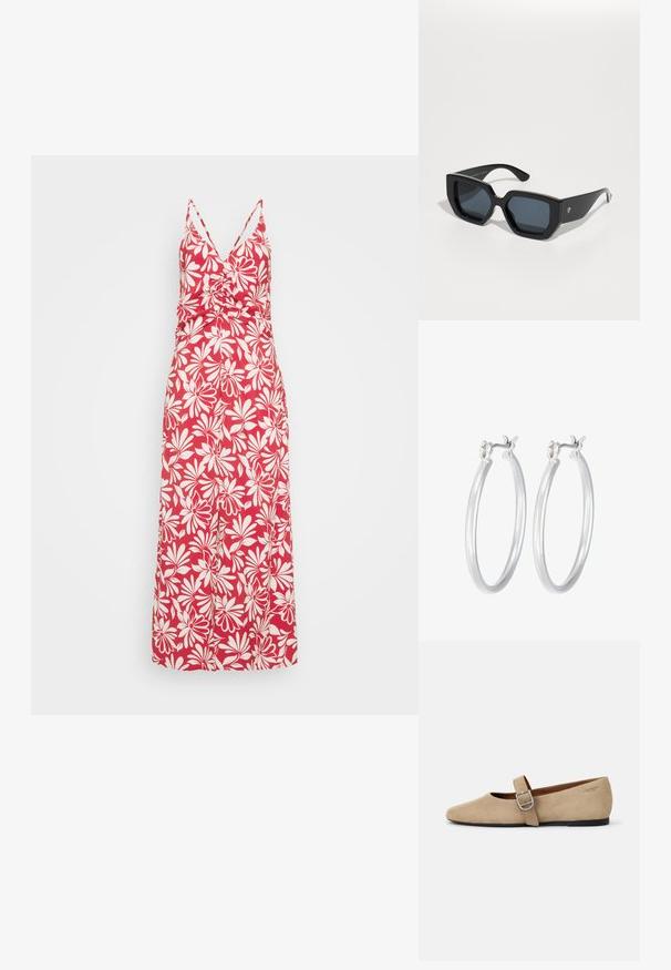 Sarkans ziedu maksi kleita ar V-veida kakla izgriezumu, plānām siksnām un piegulošu augšdaļu. Satur baltus ziedu rakstus un plūstošu svārku dizainu.; Bežā zelta zamšādas Mary Jane kurpes ar asu purngalu un vienu regulējamu siksniņu ar sudraba sprādzi. Melna plakana zole.; Melnas lielas saulesbrilles ar ģeometrisku dizainu, taisnstūrveida lēcas un spīdīgu apdari. Uz priekša nav redzama zīmola.; Sudraba riņķveida auss gredzeni ar gludu, pulētu apdari. Apaļa forma un drošs klikšķa augšējais slēgums. Viegls dizains, kas piemērots ikdienas valkāšanai.