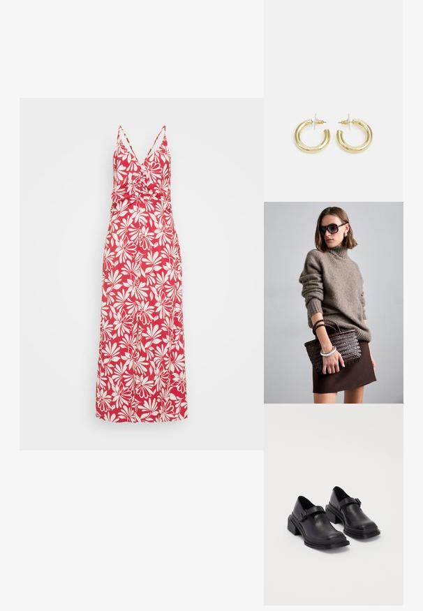 Rochie maxi roșie cu flori, cu decolteu în V, bretele subțiri și un bodice ajustat. Prezintă modele cu flori albe și un design de fustă fluidă.; Pantofi din piele neagră cu vârf rotunjit, talpă plată și o curea cu detaliu de cataramă. Toc gros pentru o stabilitate suplimentară.; DRAGON DIFFUSION MINI FLAT GORA - Geantă de mână - dark brown; Cercei cercuri din aur cu un finisaj neted și strălucitor. Design circular cu un mic suport și un spate transparent pentru o purtare sigură.