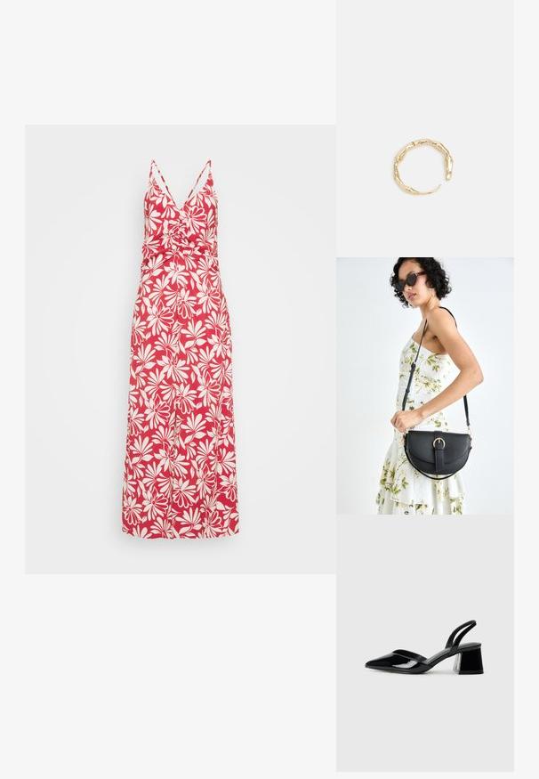 Punainen kukallinen maksimekko, jossa on V-pääkallo, ohuet hihnat ja istuva yläosa. Sisältää valkoisia kukkakuoseja ja virtaavan hameen muotoilun.; Mustat patentoitu nahkakengät, joissa on säären takaosa ja terävä kärki, sekä geometrinen palikkakorko. Sisältää tyylikkään, minimalistisen muotoilun ja sileän pinnan.; Musta nahkainen käsilaukku, joka on kaareva muotoilultaan, irrotettavalla hihnalla ja kultaisilla yksityiskohdilla. Laukussa on läppä, jossa on solk yksityiskohta.; Kultaketju, jossa on orgaaninen, kierretty muotoilu, sileä pinta ja cappatut päät, luoden modernin, veistoksellisen ilmeen.