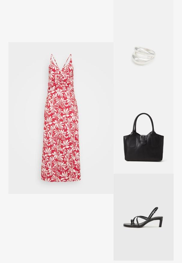 Red floral maxi dress with a V-neckline, thin straps, and a fitted bodice. Features white flower patterns and a flowing skirt design.; Black strappy sandal with a square toe and a low block heel. Features multiple thin straps and an adjustable ankle strap. Made of smooth leather.; Black leather tote bag with smooth texture, structured shape, two handles, and a prominent silver buckle detail on the front.; Silver double-band ring with a smooth, polished surface. Features a fluid, curved design with overlapping sections for a modern look.