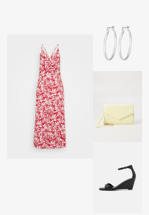 Rotes Maxikleid mit V-Ausschnitt, dünnen Trägern und tailliertem Oberteil. Verfügt über weiße Blumenmuster und ein schwingendes Rockdesign.; Schwarze Wedgesandalen mit einem glatten, matten Obermaterial aus Leder, offener Zehenpartie und einem schlanken Knöchelriemen mit einer dekorativen Schnallenverzierung.; Gelbe gewebte Clutch-Geldbörse mit Klappen-Design, abnehmbarem Handgelenkriemen und goldener Kettenakzent. Glatte Textur und rechteckige Form.; Silberne Creolen mit einer glatten, polierten Oberfläche. Runder Form und sicherem Klickverschluss. Leichtes Design, geeignet für den täglichen Gebrauch.