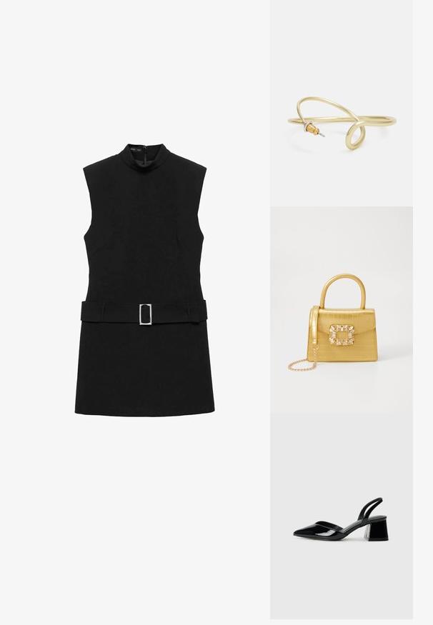 Mango Vapaa-ajan mekko - black; Mustat patentoitu nahkakengät, joissa on säären takaosa ja terävä kärki, sekä geometrinen palikkakorko. Sisältää tyylikkään, minimalistisen muotoilun ja sileän pinnan.; Keltainen keinonahkainen krokotiililaukku, jossa on jämäkkä muotoilu, yläkahva, irrotettava ketjusanka ja koristeellinen kristallikoristelu lukossa.; Kultainen metallinen ranneketju, jossa on sulava ja kaareva muotoilu. Yhdessä päässä on pieni, hallitseva hopeanvärinen korostus.