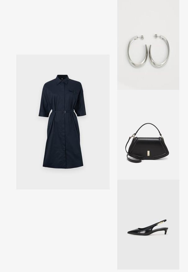 Granatowa sukienka z paskiem, z kołnierzykiem na guziki, krótkimi rękawami i kieszonką na piersi. Wykonana z gładkiego materiału o prostym kroju.; Czarne skórzane szpilki typu slingback z ostrym noskiem, posiadające smukły obcas i złoty akcent na regulowanym pasku. Gładka tekstura.; Czarna skórzana torebka o strukturalnym designie, z przyciętą formą, górnym uchwytem i złotymi akcentami. W zestawie regulowany pasek na ramię.; Srebrne kolczyki-hoop o gładkim, zakrzywionym designie. Posiadają błyszczące metaliczne wykończenie i zapięcie na sztyft. Brak widocznych wzorów lub akcentów.