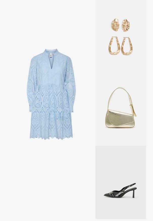 Svijetloplava haljina s složenim izrezanim uzorcima, dekolteom u obliku izreza, dugim rukavima i višeslojnim rubom s valovitim ivicama.; Crna lakirana slingback cipela s izduženim vrhom, remenčićima oko gležnja s srebrnim kopčama i dijelovima, te vitkim potplatom.; Zlatna metalna torba s uređenim dizajnom, glatkom teksturom i podesivim remenom. Ima jedinstven trokutasti oblik i minimalističko šivanje.; Naušnice zlatne boje s teksturiranim, valovitim oblicima. Uključuju skulpturalne kopče i dizajn otvorene kružnice s kovanom završnom obradom.