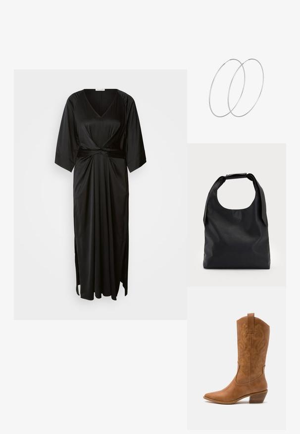 Crna saten haljina s dubokim V-izrezom, kratkim širokim rukavima, čvorastim detaljem u struku i bočnim prorezima za povećanu pokretljivost. Glatka tekstura.; Smeđe kožne kaubojke s oštrim nosom, izvezenim spiralnim uzorcima na gornjem dijelu i blok petom. Imaju potporu za lakše obuvanje.; Crna kožna hobo torba s jednim mekanim, zaobljenim ručkom; karakterizira je glatka tekstura i minimalistički dizajn. Nema vidljivih hardverskih detalja ili akcenata.; Srebrne okrugle naušnice s minimalističkim dizajnom. Kružni oblik, glatka tekstura i tanak profil. Lagane s poliranim završetkom.