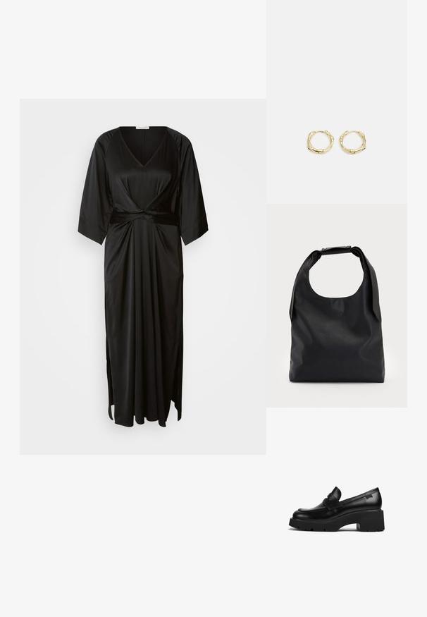 Melnas satīna halāts kleita ar dziļu V-veida kakla izgriezumu, īsām platām piedurknēm, auklu jostas detaļu un sānu šķēlumiem, lai nodrošinātu lielāku kustību. Gluda tekstūra.; Melnas ādas chunky papēža loafers ar biezu zoli un siksniņas detaļu pāri augšai, attēlots no sāna uz baltas fona.; Melna ādas hobo soma ar vienu mīkstu, noapaļotu rokturi; tai ir gluda virsma un minimālistisks dizains. Nav redzamu metāla detaļu vai akcentu.; Zelta riņķveida auskari ar tekstūru un neregulāru formu. Iekļauj bezšuvju aizdari un pulētu virsmas apdari, uzsverot mūsdienīgu dizainu.