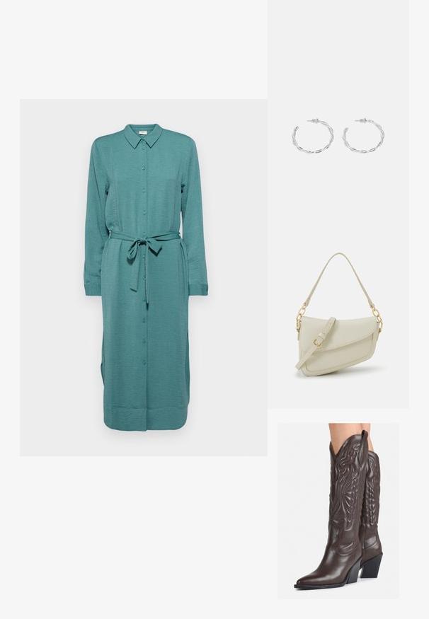 Abito blu di turchese con bottoni realizzato in tessuto strutturato, dotato di colletto, maniche lunghe, una cintura e spacco laterale per il movimento.; Stivali da cowboy in pelle marrone con punta affusolata e tacco a blocco, caratterizzati da dettagliati ricami e accenti rialzati sul gambale.; Piccola borsa a tracolla crema con finitura testurizzata, una lunga tracolla regolabile, un accento a catena e chiusura a patta. Dettagli in hardware dorato.; Orecchini a cerchio in argento con un design torciglionato, caratterizzati da una finitura lucida e chiusura a perno. Misurano circa 3 cm di diametro.