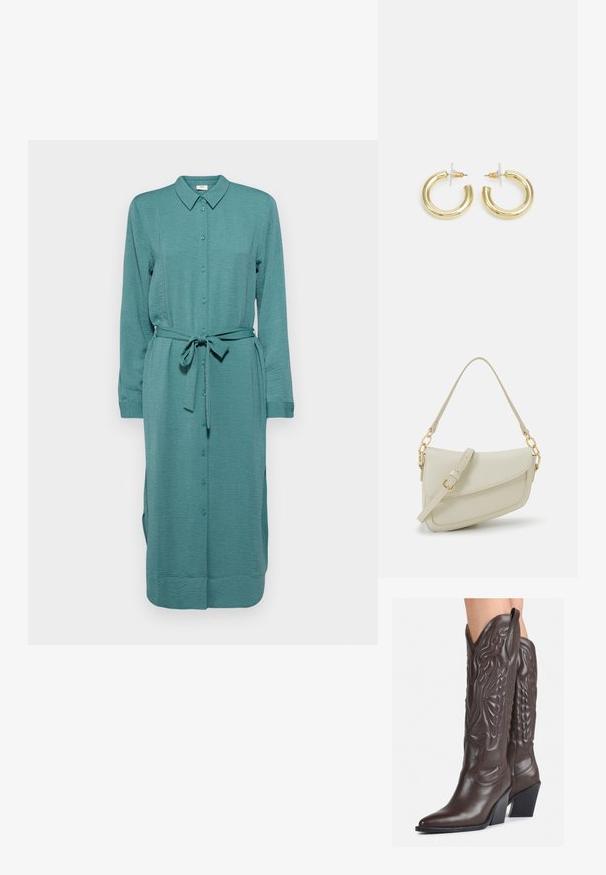 Rochie verde-albastră cu nasturi, confecționată dintr-un material texturat, având guler, mâneci lungi, o curea și fante laterale pentru mobilitate.; Bocanci de cowboy din piele maro, cu vârf ascuțit și toc pătrat, având cusături detaliate și accente ridicate pe tijă.; Geantă mică de crem cu un finisaj texturat, curea lungă și ajustabilă, accent cu lanț și închidere cu clapetă. Detalii din hardware aurie.; Cercei cercuri din aur cu un finisaj neted și strălucitor. Design circular cu un mic suport și un spate transparent pentru o purtare sigură.