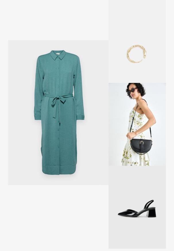 Žalios spalvos marškinėlių suknelė, pagaminta iš tekstūruoto audinio, su apykakle, ilgomis rankovėmis, diržu ir šoninėmis praplatintomis dalimis judėjimui.; Juodos lakuotos odinės šlepetės su smailiu pirštu ir geometriniu bloko kulnu. Turi elegantišką, minimalistinį dizainą ir lygų paviršių.; Juodas odinis krepšys su išlenkta forma, nuimamu dirželiu ir auksiniais detalėmis. Krepšys turi kilpą su sagtimi.; Auksinės spalvos žiedas, turintis organišką, sukimosi dizainą su lygiu paviršiumi ir siaurėjančiais galais, sukuriantis modernią skulptūrinę išvaizdą.