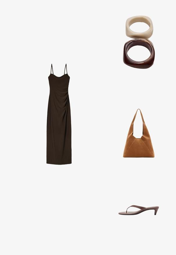 Brun, ärmlös midikjol med tunna band, med samlad detalj längs fram, tillverkad av ett slätt, draperat tyg.; Bruna klackflip-flopsandaler med en smal rem och rund tåpost, med en liten guldaccent på fotbädden.; Brun mockaskinn hobo-väska med en avslappnad form, som har ett böjt handtag upptill och triangulära paneldetaljer på framsidan och baksidan.; Stradivarius SET - Armband - dark brown