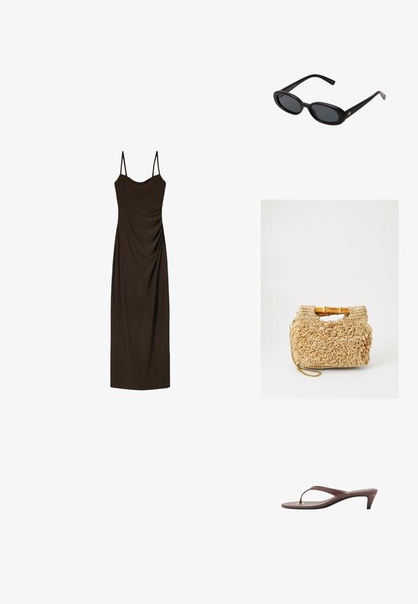 Bruine, mouwloze midi-jurk met dunne bandjes, voorzien van geplooide details aan de voorkant, gemaakt van een zachte, vallende stof.; Bruine hakken flip-flop sandaal met een slanke band en ronde teenpost, met een kleine gouden accent op de voetbed.; Zwarte oversized zonnebril met ovale lenzen, een glad plastic montuur en gouden accenten op de pootjes. Donkere lenzen bieden bescherming tegen de zon.; Geweven stro handtas met bamboe handvatten, met een textuur franje ontwerp in natuurlijk beige en een gouden ketting schouderband.
