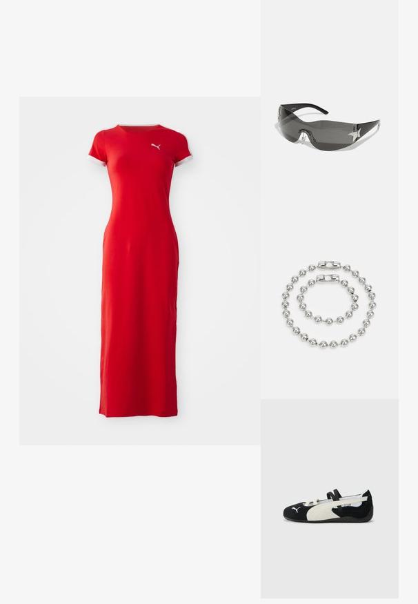 Rotes Maxikleid aus glattem Stoff. Kurze Ärmel mit weißem Besatz. Verfügt über ein kleines Logo auf der Brust. Figurbetontes Design, bodenlang.; Schwarzer und cremiger, ultraleichter Schuh mit einem Obermaterial aus Wildleder, flacher Sohle, elastischen Riemen und einem kleinen Logo an der Zehe.; Schwarze Sonnenbrille mit wrap-around Design, dunkel getönten Gläsern, glänzenden, sternförmigen Akzenten und verstellbaren Nasenpads.; Silbernes Metallarmband-Set mit zwei Strängen aus abwechselnden runden Perlen mit glatter Oberfläche und einem Magnetverschluss.