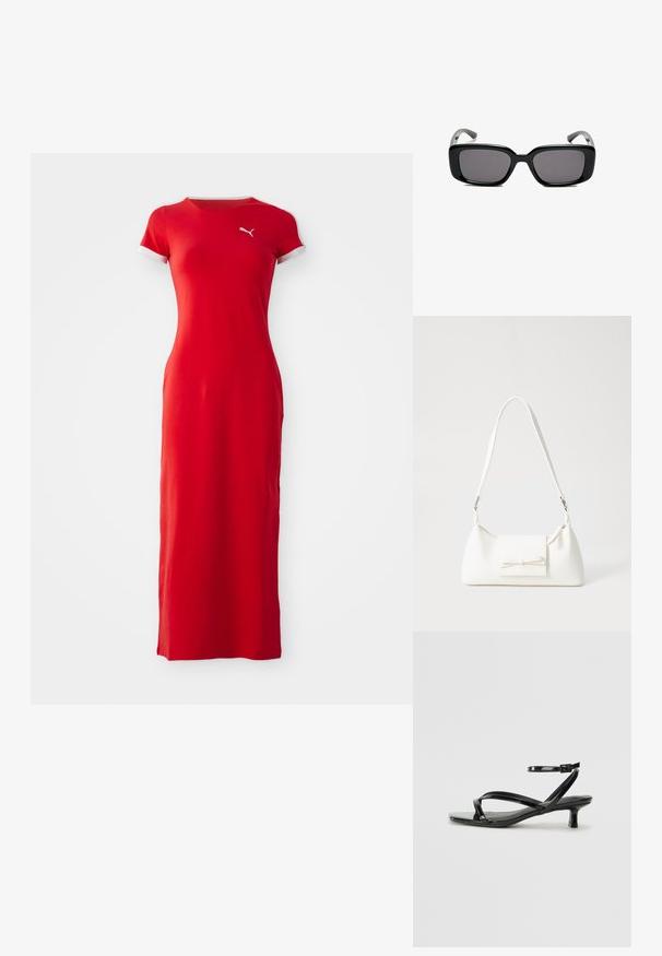 Rdeča maksi obleka iz gladkega blaga. Kratki rokavi z belim robom. Ima majhen logotip na prsih. Prilagojena zasnova, dolga do tal.; Črne patentne usnjene sandale z nizko peto, z navzkrižnimi trakovi in nastavljivim gležnjarjem. Gladka, sijoča površina.; Črne pravokotne sončne očala z temnimi lečami, gladkim plastičnim okvirjem in ukrivljenimi nogicami. Oblika je robustna in minimalistična.; Bela sintetična torbica v obliki trikotnika, z ravnim sprednjim poklopcem in detajlom mašne, nastavljivim trakom, gladko teksturo in minimalističnim dizajnom.