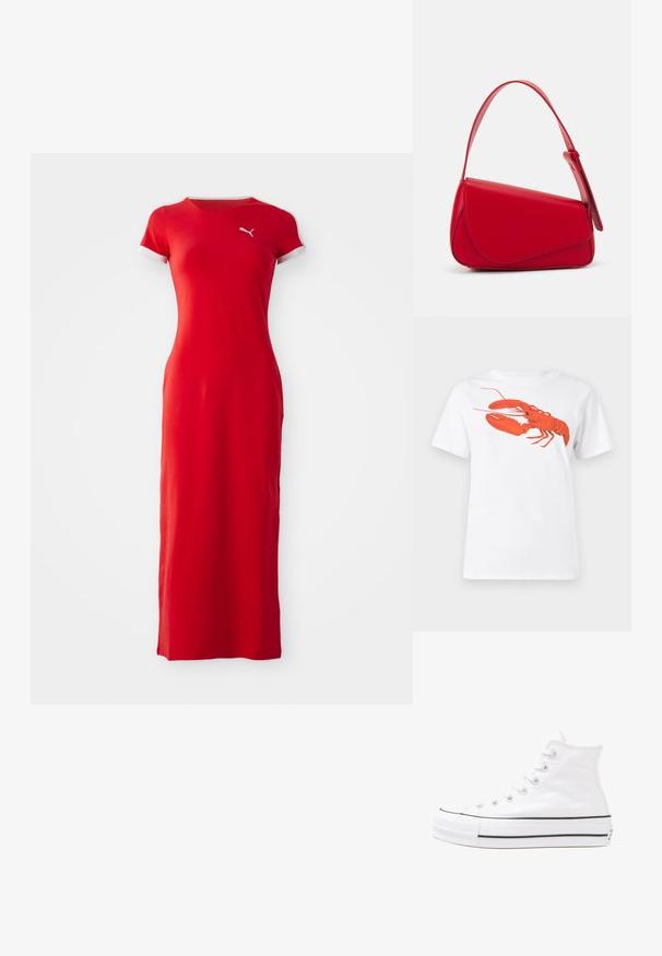 Rochie maxi roșie dintr-un material neted. Mâneci scurte cu margine albă. Prezintă un mic logo pe piept. Design ajustat, până la podea.; Tricou alb din bumbac, cu un grafic mare, viu colorat de homar roșu pe față. Mâneci scurte și un guler standard de tip crew neck.; Adidași albi tip pantofi sport cu glezna din pânză, cu talpă din cauciuc negru, capac de vârf din cauciuc frontal și șase ochiuri pentru șireturi, având un design curat și minimalist.; Geantă de mână din piele roșie, cu un design unghiular și geometric. Dispune de o singură curea ajustabilă și un sistem de închidere cu clapetă, cu detalii cusute.