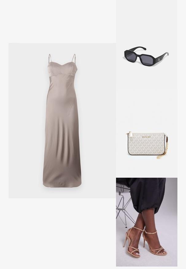 Satin slip kleita gaiši taupe krāsā, ar pieguļošu bodi un plānām regulējamām siksnām. Grīdas garuma ar gludu, spīdīgu tekstūru.; Beige augstpapēžu sandales ar kristāla rotājumiem, ar atvērtu purngalu, plāniem siksniņām un elegantu siluetu.; Melni saulesbrilles ar astoņstūra rāmjiem, tumšiem objektīviem, spīdīgu plastmasas materiālu un sudraba logotipu akcentu vienā pusē.; Michaela Korsa rokassomi bez̦ā īšojuma, kas izgatavota no apklāta kanvas, iekļaujot atkārtotu MK logotipa rakstu, zelta aparatūru un noņemamu ķēdes siksnu.; Zelta metāla auskari ar viļņveida dizainu; gluda, atstarojoša virsma; asimetrisks formas; nav redzamu rakstu vai piederumu.