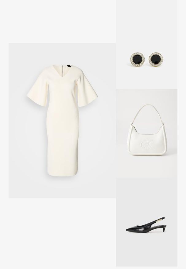 Robe en tricot blanc avec un décolleté en V, des manches courtes évasées, une silhouette ajustée et un zip dans le dos. Texture lisse et longueur au genou.; Talons hauts en cuir noir avec un bout pointu, dotés d'un talon fin et d'un accent en ton or sur la lanière réglable. Texture lisse.; Sac à main en cuir blanc avec une forme courbée, arborant un logo "CK" embossé à l'avant et une seule bandoulière. Fermeture à glissière en haut.; DKNY INLAY STUD - Boucles d'oreilles - black/gold-coloured
