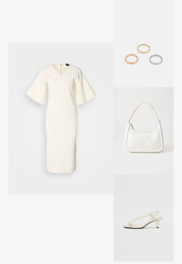 Robe en tricot blanc avec un décolleté en V, des manches courtes évasées, une silhouette ajustée et un zip dans le dos. Texture lisse et longueur au genou.; Sandales beiges à talons carrés avec des fines brides et un bout carré. Matière lisse avec des détails minimaux, conçues pour un port facile.; Sac à main en cuir blanc avec une forme courbée, arborant un logo "CK" embossé à l'avant et une seule bandoulière. Fermeture à glissière en haut.; Trois anneaux en métal : un en or rose, un en or avec des accents texturés, et un en argent, tous avec une gravure de marque à l'intérieur de la bande.