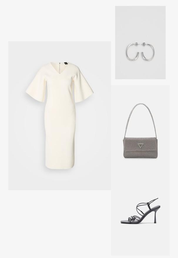 Rochie tricotată albă cu decolteu în V, mâneci scurte evazate, siluetă ajustată și detaliu cu fermoar la spate. Textură netedă și croială până la genunchi.; Sandale negre cu toc înalt au curele subțiri cu un design legat, un vârf pătrat neted și un toc stiletto elegant.; Geantă metalică gri deschis, cu un strap din lanț, decorată cu mici ținte circulare metalice și un logo de marcă triangular.; Cercei rotunzi din argint cu un finisaj neted și strălucitor. Design ușor, având o formă rotundă și închidere cu tijă.