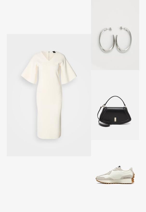 Hvid strikket kjole med V-hals, udfoldede korte ærmer, tætsiddende silhuet og lynlåsdetalje bagpå. Glat tekstur og knælængde.; Hvide og beige sneakers med en glat læderoverdel, suede detaljer, rund tå og en tekstureret gummisål. Brandnavn trykt på siden.; Sort læderhåndtaske med en struktureret design, der har en kortet form, tophåndtag og guld hardware-accenter. Justerbar skulderrem inkluderet.; Sølv hoops øreringe med et glat, buet design. Har en skinnende metallisk finish og studs-lukning. Ingen synlige mønstre eller accenter.