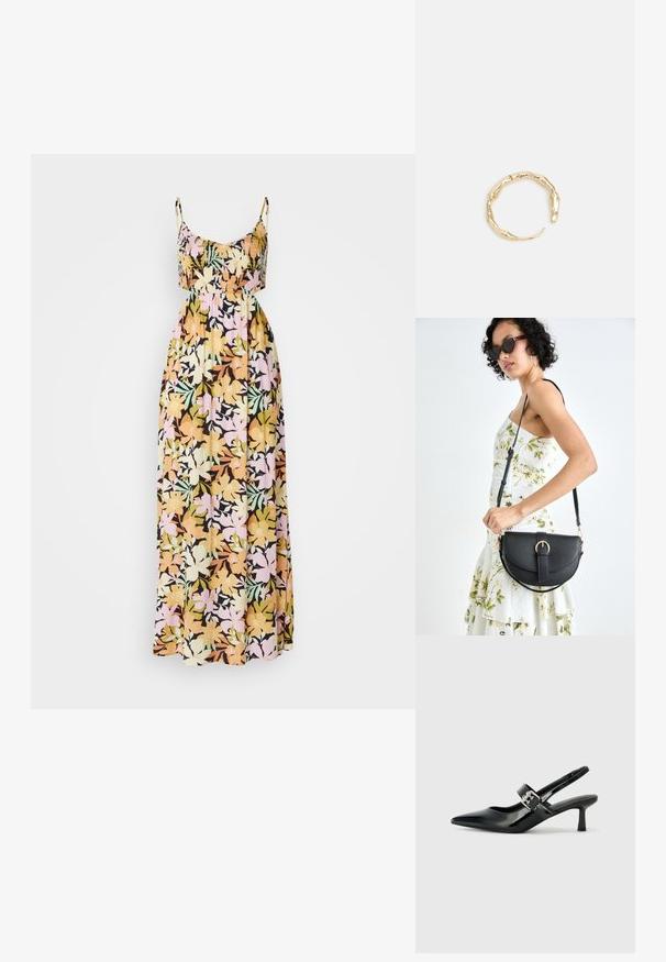 Robe maxi florale avec bretelles fines ; présente une base noire avec des fleurs multicolores en jaune, rose et vert. Tissu doux et fluide.; Escarpins slingback en cuir verni noir avec un bout pointu et un petit talon bloc, mettant en avant un accent en boucle argentée sur la sangle.; Sac à main en cuir noir avec une forme courbée, bandoulière amovible et des accessoires en or. Le sac est doté d'un rabat avec un détail de boucle.; Bague en or ornée d'un design organique et torsadé, avec une texture lisse et des extrémités effilées, créant une apparence moderne et sculpturale.