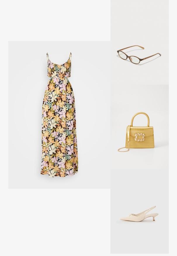 Blomstrete maxi-kjole med tynne stropper; har en svart bakgrunn med flerfargede blomster i gult, rosa og grønt. Mykt, flytende stoff.; Smal spiss tå slingback-sko i off-white skinn, med en liten sløyfe detalj og en lav kitten-hæl. Jeffe tekstur, minimalistisk design.; Brune skjellbriller med ovale linser, tynne stenger og gjennomsiktige detaljer. Har en subtil logo på stangen. Elegant, lett design.; Gul faux-krokodille veske med en strukturert design, toppen håndtak, avtagbar kjede stropp, og dekorativ krystallbortsettelse på låsen.