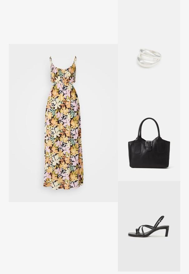 Abito maxi floreale con spalline sottili; presenta una base nera con fiori multicolori in giallo, rosa e verde. Tessuto morbido e fluido.; Sandalo nero con cinturini, dalla punta squadrata e tacco basso a blocco. Presenta diversi cinturini sottili e una cinturini regolabile alla caviglia. Realizzato in pelle liscia.; Borsa tote in pelle nera con texture liscia, forma strutturata, due manici e un evidente dettaglio in fibbia argentata sul davanti.; Anello doppio in argento con superficie liscia e lucida. Presenta un design fluido e curvo con sezioni sovrapposte per un aspetto moderno.; Anello doppio in argento con superficie liscia e lucida. Presenta un design fluido e curvo con sezioni sovrapposte per un aspetto moderno.