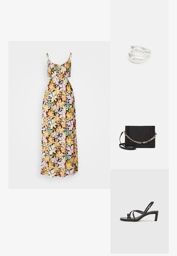 Kvetinové maxidružstvo s tenkými ramienkami; má čierny základ s mnohými farebnými kvetmi v žltej, ružovej a zelenej farbe. Mäkká, splývavá tkanina.; Čierne sandále na vysokom podpätku so štvorcovou špičkou a nízkym blokovým podpätkom. Obsahujú viacero tenkých popruhov a nastaviteľný členkový popruh. Vyrobené z hladkej kože.; Čierna kožená crossbody taška s hladkou textúrou, obdĺžnikovým tvarom a kovovým reťazovým detailom na prednej strane. Súčasťou je nastaviteľný popruh.; Strieborný prsteň s dvojitým pásikom s hladkým, lesklým povrchom. Má plynulý, zakrivený dizajn s prekryvajúcimi sa časťami pre moderný vzhľad.