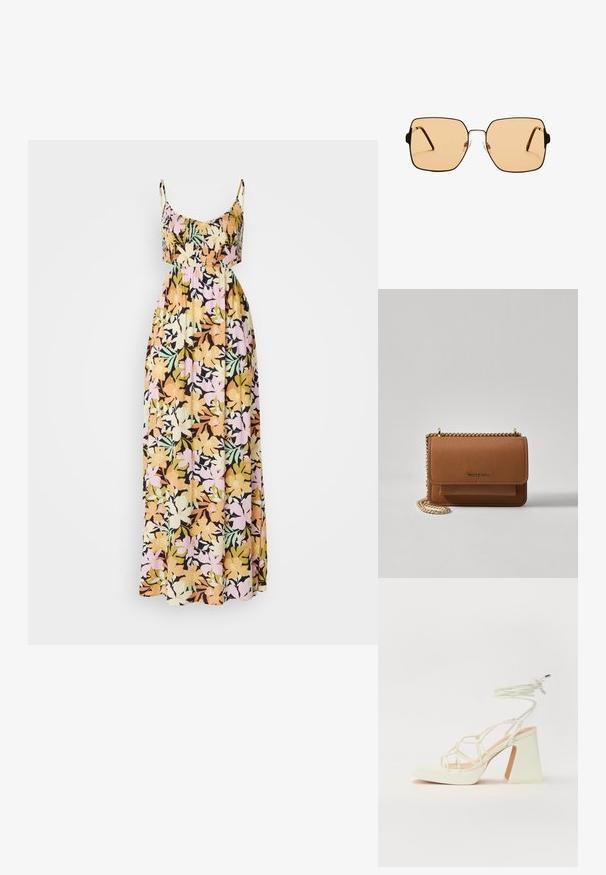 Blumenkleid im Maxistil mit dünnen Trägern; hat einen schwarzen Grundton mit mehrfarbigen Blumen in Gelb, Rosa und Grün. Weicher, fließender Stoff.; Weiße High-Heel-Sandale mit einem klobigen Absatz, die über ein Riemchendesign und ein Knöchelband verfügt. Glatte Textur mit einer Plattform vorne für zusätzliche Höhe.; Quadratische Sonnenbrillen mit braunen Gläsern und einem dünnen schwarzen Metallrahmen. Verfügt über schräg gestaltete Bügel und verstellbare Nasenpads für zusätzlichen Komfort.; Braune strukturierte Ledertasche mit goldener Kettenriemen und Klappenverschluss. Die Vorderseite zeigt ein Logo-Detail und eine Tasche unter der Klappe.