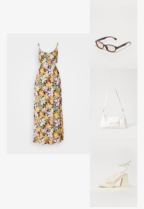 Blomstret maxikjole med tynde stropper; har en sort bund med flerfarvede blomster i gul, pink og grøn. Blødt, flydende stof.; Hvide højhælede sandaler med en kraftig hæl, der har et stropdesign og ankelbinding. Glat tekstur med en platform foran for ekstra højde.; Skildpaddevmønster solbriller med rund form og lys linse. Har solide arme med små guld accenter, lavet af plastmateriale.; Hvid syntetisk håndtaske med en trekantet form, flad forsideklap og sløjfedetalje, justerbar strop, glat tekstur og minimalistisk design.