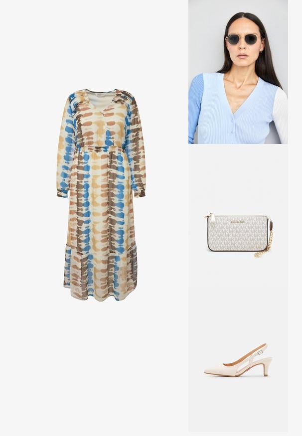 Lang, vloeiende jurk in een tie-dye patroon met blauwe, bruine en beige kleuren. Gemaakt van zachte stof met lange mouwen en een losse pasvorm.; Witte slingback hak met een spitse neus, glad bovenmateriaal, lage blokhak en een design met uitsparingen aan de zijkant, voorzien van een verstelbare gespsluiting.; Ronde zonnebrillen met donkere glazen en gouden montuur. Het model draagt een lichtblauwe, geribbelde cardigan met knopen en contrasterende witte mouwen.; Michael Kors polsbandje in beige gecoate canvas met een herhaald MK-logo patroon, gouden hardware en een afneembare kettingriem.