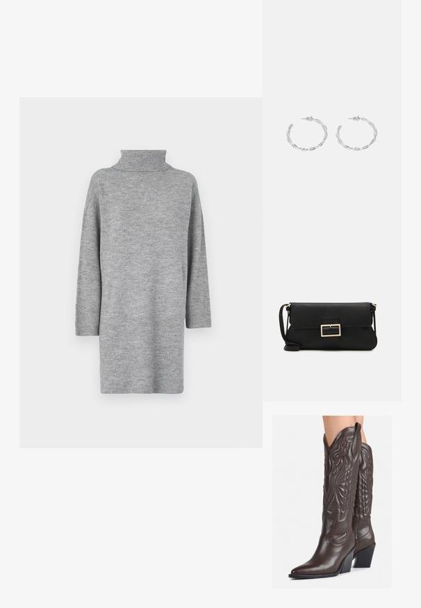 Suéter gris de cuello alto con un ajuste relajado, mangas largas y detalles de canalé en el collar y los puños; hecho de material de punto suave.; Botas de vaquero de cuero marrón con punta afilada y tacón cuadrado, que presentan costuras detalladas y acentos elevados en el caño.; Bolso de mano de cuero negro con una solapa y un detalle de hebilla de metal dorado. Incluye una correa negra y un diseño elegante y minimalista.; Pendientes de aro de plata con diseño retorcido, que presentan un acabado pulido y cierre de presión. Miden aproximadamente 3 cm de diámetro.