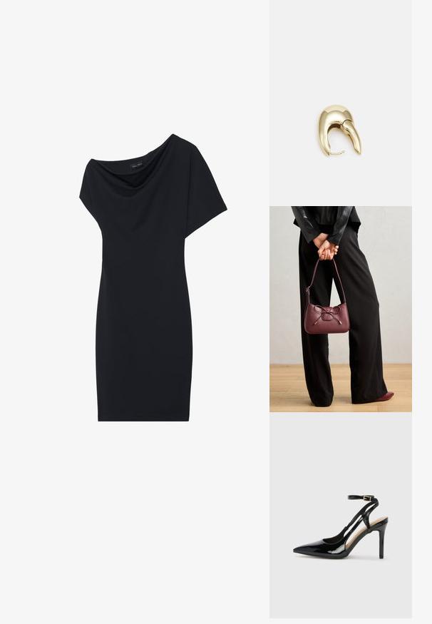 Schwarzes Kleid mit drapiertem Schalkragen, kurzen Ärmeln und taillierter Silhouette. Hergestellt aus glattem Stoff, mit minimalistischem Design.; Schwarze Patentleder-High-Heel-Slingback-Pumps mit spitzem Zeh, verstellbarem Knöchelriemen und offenen Seiten. Glatte Textur.; Burgunderfarbene Ledertasche mit einer Schleifen-Applikation, ausgestattet mit einem schmalen Trageriemen und goldfarbenen Beschlägen, gehalten von einer Person, die schwarze Hosen trägt.; Ohrringe aus goldfarbenem Metall mit einem schlanken, geschwungenen Design. Sie verfügen über eine markante, spitze Form, eine polierte Oberfläche und einen Scharnierverschluss.