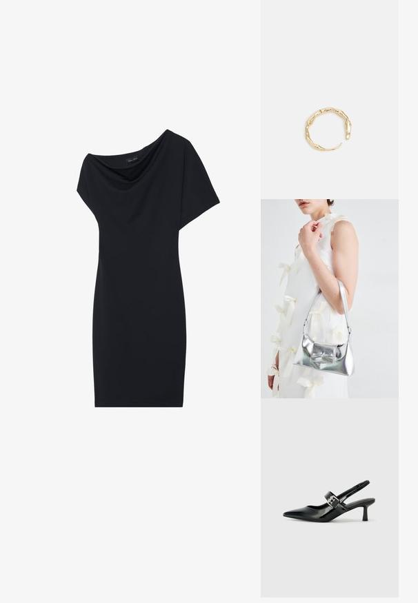 Schwarzes Kleid mit drapiertem Schalkragen, kurzen Ärmeln und taillierter Silhouette. Hergestellt aus glattem Stoff, mit minimalistischem Design.; Schwarze Lackleder Slingback-Absätze mit spitzem Zeh und kleinem Blockabsatz, ausgestattet mit einem silbernen Schnallenakzent am Riemen.; Silberne metallische Handtasche mit strukturierter Form, ausgestattet mit einem oberen Griff und einer Schleifenapplikation auf der Vorderseite. Glatte Textur, reflektierendes Finish.; Goldfarbener Ring mit einem organischen, gedrehten Design, glatter Oberfläche und sich verjüngenden Enden, was ein modernes, skulpturales Erscheinungsbild erzeugt.
