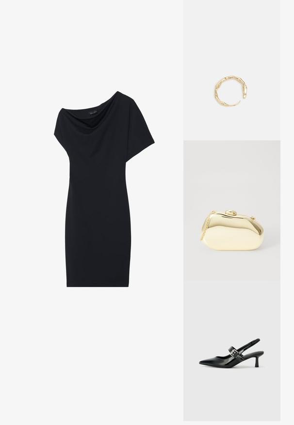 Sort kjole med draperet cowl-halsudskæring, korte ærmer og tætsiddende silhuet. Fremstillet af glat stof med et minimalistisk design.; Sorte laker slingback hæle med spids tå og en lille blokhæl, med en sølvspændeaccent på remmen.; Metallic guld clutch med en glat, rund form, udstyret med en topknap-lås og et lille kædehåndtag til bæring.; Guld-tone ring med et organisk, snoet design, glat overflade og affasede ender, hvilket skaber et moderne, skulpturelt udseende.