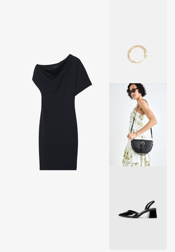 Juoda suknelė su drapiruotu apykaklės dizainu, trumpomis rankovėmis ir prigludusia siluetu. Pagaminta iš lygios medžiagos, su minimalistiniu dizainu.; Juodos lakuotos odinės šlepetės su smailiu pirštu ir geometriniu bloko kulnu. Turi elegantišką, minimalistinį dizainą ir lygų paviršių.; Juodas odinis krepšys su išlenkta forma, nuimamu dirželiu ir auksiniais detalėmis. Krepšys turi kilpą su sagtimi.; Auksinės spalvos žiedas, turintis organišką, sukimosi dizainą su lygiu paviršiumi ir siaurėjančiais galais, sukuriantis modernią skulptūrinę išvaizdą.