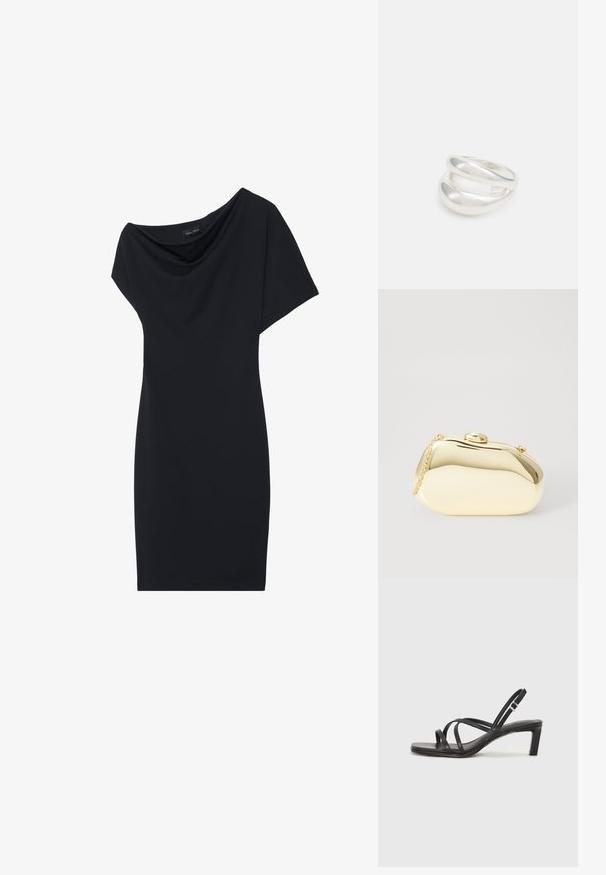 Must mustriga kleit drapeeritud kraega, lühikeste varrukatega ja kitsase siluettiga. Valmistatud siledast kangast, minimalistlikus disainis.; Mustast rihmajalatsid ruudukujulise varba ja madala ploki kontsaga. Omab mitmeid õhukesi rihmasid ja reguleeritavat pahkluu rihma. Valmistatud siledast nahast.; Kuldne metallist käekott sujuva, ümarate kujude ning ülemise nupuvajutusega kinnitusega. Koti küljes on väike kett, et oleks mugav kanda.; Hõbedane kahekordne rõngas sujuva, poleeritud pinnaga. Omab voolavat, kõverat disaini, millel on kattuvad sektsioonid, et saavutada kaasaegne ilme.