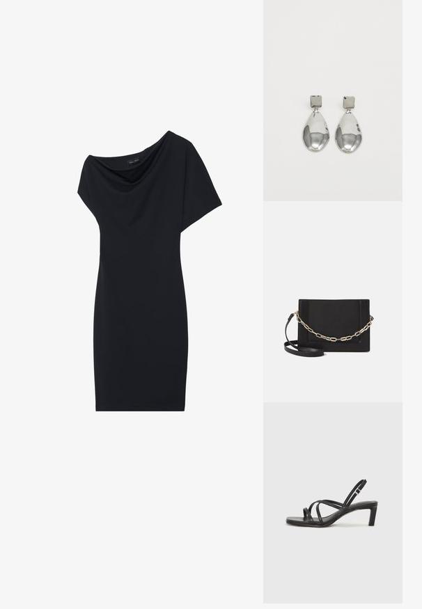 Černé šaty s draped cowl límcem, krátkými rukávy a přiléhavým střihem. Vyrobené z hladké tkaniny, s minimalistickým designem.; Černé sandály na tenkém podpatku se čtveratou špičkou a nízkým blokovým podpatkem. Mají několik tenkých popruhů a nastavitelné zapínání okolo kotníku. Vyrobeny z hladké kůže.; Černá kožená crossbody taška s hladkým povrchem, obdélníkovým tvarem a kovovým řetízkem na přední straně. Součástí je nastavitelný popruh.; Stříbrné kapkové náušnice se čtvercovou například, s hladkým, lesklým povrchem a kapkovým tvarem, odrážející světlo lesklým povrchem.