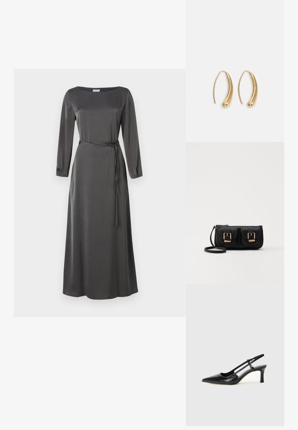 Rochie lungă din satin gri închis, cu mâneci lungi, decolteu pătrat și o curea asortată la talie, cu o fustă care coboară până la hem.; Pantofi cu toc slingback negri din patent, cu vârf ascuțit, cu imprimeu de șarpe texturat, curea ajustabilă și toc scurt texturat.; Geantă neagră din piele, tip crossbody, cu două buzunare frontale, catarame aurii, închidere cu fermoar și o curea subțire. Suprafață texturată și formă rectangulară compactă.; Cercei din metal auriu, cu un design curbat și alungit. Au o suprafață netedă și strălucitoare, cu un vârf rotunjit pentru un detaliu suplimentar.