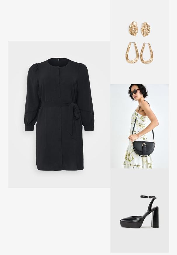Czarna sukienka wykonana z gładkiego materiału, z zapięciem na guziki z przodu, długimi bufkami oraz związanym w pasie, charakteryzująca się luźnym krojem.; Czarne platformy na wysokim obcasie z szpiczastym noskiem i regulowanym paskiem na kostkę. Wykonane z gładkiej skóry, z grubym słupkowym obcasem.; Czarna skórzana torebka o zakrzywionym kształcie, z odpinanym paskiem i złotymi akcentami. Torebka posiada klapę z zapięciem w kształcie klamry.; Złote kolczyki w odcieniu, prezentujące teksturowane, faliste kształty. Zawierają rzeźbiarskie klipsy i otwarty projekt kółek z młotkowanym wykończeniem.