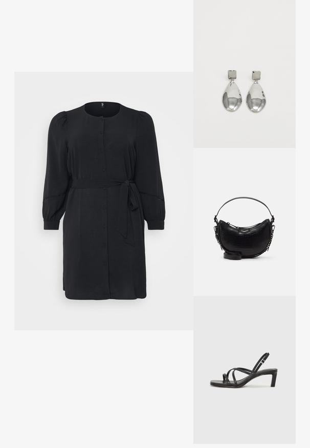 Fekete ruha sima anyagból, gombos elülső résszel, hosszú puffos ujjal és megkötős derékkal, laza fazonnal.; Fekete pántos szandál négyzetes orral és alacsony blokk sarkal. Több vékony pánttal és állítható boka pánttal rendelkezik. Sima bőrből készült.; Fekete krokodilbőr hatású kézitáska ívelt formával, levehető vállpánttal és egy elegáns fém díszítéssel az elején.; Ezüst csepp fülbevalók négyzet alakú fülbevalóval, sima, fényes felülettel és csepp formával, amely fényt tükröz egy fényes felületen.