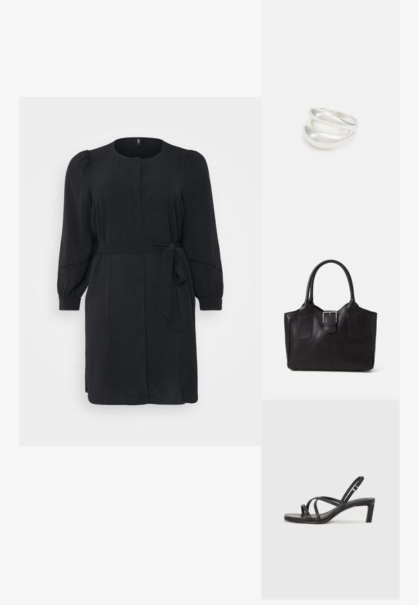 Abito nero realizzato in tessuto liscio con chiusura a bottoni sul davanti, maniche lunghe a sbuffo e vita legata, caratterizzato da una silhouette rilassata.; Sandalo nero con cinturini, dalla punta squadrata e tacco basso a blocco. Presenta diversi cinturini sottili e una cinturini regolabile alla caviglia. Realizzato in pelle liscia.; Borsa tote in pelle nera con texture liscia, forma strutturata, due manici e un evidente dettaglio in fibbia argentata sul davanti.; Anello doppio in argento con superficie liscia e lucida. Presenta un design fluido e curvo con sezioni sovrapposte per un aspetto moderno.