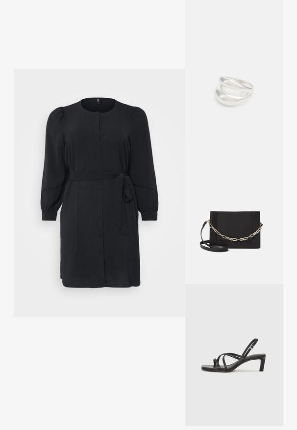 Vestido negro de tela suave con cierre de botones en la parte delantera, mangas largas abullonadas y una cintura anudada, que presenta una silueta relajada.; Sandalia negra de tiras con punta cuadrada y tacón bajo de bloque. Presenta múltiples tiras delgadas y una correa ajustable en el tobillo. Fabricada en cuero suave.; Bolso cruzado de piel negra con textura suave, forma rectangular y un detalle de cadena metálica en el frente. Incluye una correa ajustable.; Anillo de plata de doble banda con una superficie lisa y pulida. Presenta un diseño fluido y curvado con secciones superpuestas para un aspecto moderno.