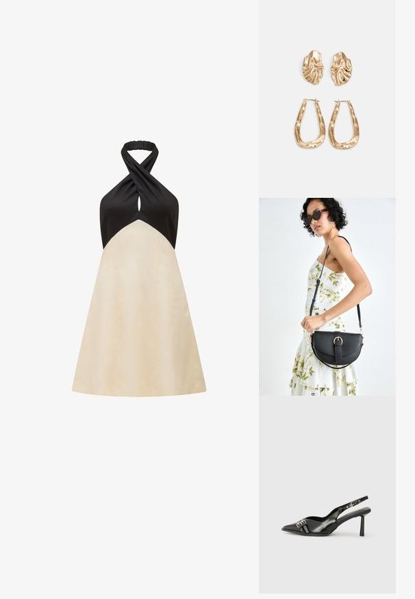 Obleka z halter ovratnikom, črnimi zgornjim delom in kremnim A-linijskim krilom, ki ima preobratno zasnovo na ovratniku in gladko teksturo.; Črne patentne usnjene sandale s koničastim nosom, zankami okoli gležnja s srebrnimi sponkami in opremo ter vitkimi petami.; Črna usnjena torbica s ukrivljeno obliko, z odstranljivo naramnico in zlatimi dodatki. Torbica ima pokrov s podrobnostmi v obliki zaponke.; Zlato obarvani uhani z teksturiranimi, valovitimi oblikami. Vključujejo skulpturalne sponke za ušesa in odprto obliko obročka s kladivastim finišem.