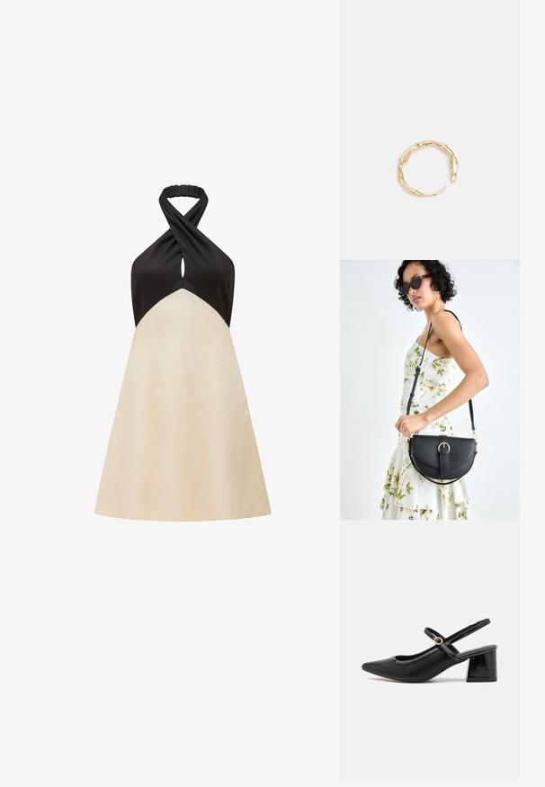 Haljina s vezicom oko vrata, crnog gornjeg dijela i krem suknje A-linije, s dizajnom uzorka na dekolteu i glatkom teksturom.; Crne lakirane slingback visoke potpetice s šiljastim vrhom, zaobljenim izrezom i blok potpeticom. Sadrži akcent zlatnog tona s kopčom.; Crna kožna torba s lukovitim oblikom, odvojivim remenom i zlatnim detaljima. Torba ima preklop s kopčom.; Prsten u zlatnoj nijansi s organskim, uvijenim dizajnom, glatkom teksturom i suženim krajevima, koji stvara moderan, skulpturalni izgled.